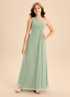 Azazie Brooke Junior Robe Trapèze en Mousseline de soie Fente Latérale Vert Sauge image4