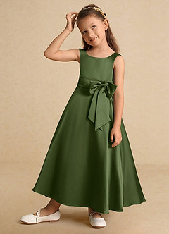 Azazie Lindy Flower Girl Dresses Olive A-Line Pleated Matte Satin Dress image4