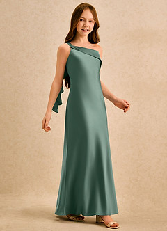 Azazie Almond Girls Formal Jurken voor bloemenmeisjes Kokerjurk Jurk van Stretch Satijn One-shoulder Eucalyptus image5