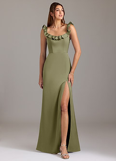Azazie Callie Bridesmaid Dresses Pistachio A-Line Ruched Stretch Satin Convertible Dress image1