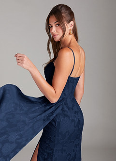 Azazie Denisa Bridesmaid Dresses Dark Navy Sheath Pleated Floral Burnout Dress image5