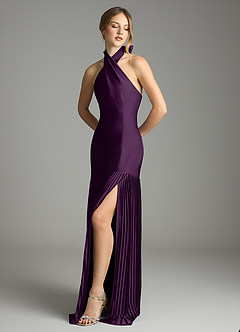 Azazie Nayeli Final Sale Grape A-Line Pleated Stretch Satin Dress image4