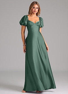 Azazie Fatima Bridesmaid Dresses Eucalyptus A-Line Pleated Stretch Satin Dress image1