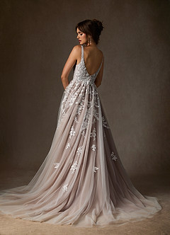 Azazie Sorella Trouwjurken Jurk van Tule met A-Lijn V-hals Pailletten Diamant Wit Mokka image2