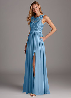 Azazie Elly Abiti da Damigella Abito A-Line in Chiffon Scollo a barchetta in pizzo Blu Acciaio image1