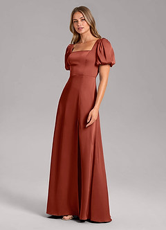 Azazie Fyona Bridesmaid Dresses Terracotta A-Line Pleated Stretch Satin Dress image4