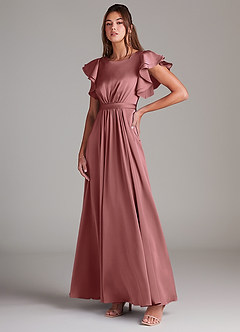 Azazie Daphne Robes de demoiselle d'honneur modestes Robe Trapèze Rayé Longueur ras du sol Satin extensible image4