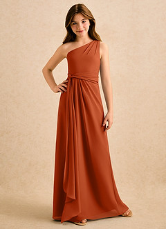 Azazie Tilda Girls Formal Jurken voor bloemenmeisjes Kolom Jurk van Chiffon One-Shoulder Verbrande Sinaasappel image3