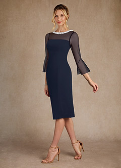 Azazie Bellevue vestidos de madre de la novia Vestido de Azul Marino Oscuro de Crepé elástico de Recto con Perla image5