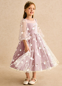 Azazie Elowen vestidos de niña de las flores Vestido Rosa Polvorienta de Encaje de Línea A con Escote corazón image4