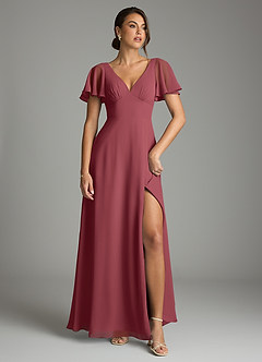 Azazie Kimber Bridesmaid Dresses Merlot A-Line Flounce Sleeve Chiffon Dress image2