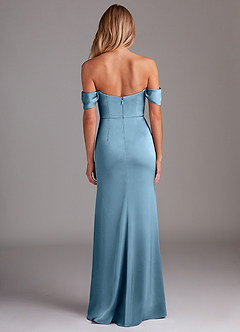 Azazie Saige Jurken voor bruidsmeisjes Jurk van Stretch Satijn met Kolom Off the Shoulder Staal Blauw image10