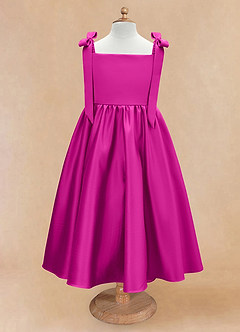 Azazie Chelsie Flower Girl Dresses Fuchsia A-Line Bow Matte Satin Dress image5