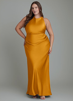Azazie Evadne Bridesmaid Dresses Butterscotch Sheath Pleated Stretch Satin Dress image7