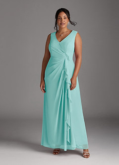 Azazie Manuella vestidos de madre de la novia Vestido de Aqua de Gasa de Corte En A con Cuello en V plisado image11