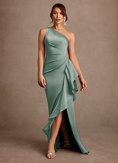 Azazie Yvette Mother of the Bride Dresses Silver Sage Sheath One Shoulder Stretch Satin Dress image3