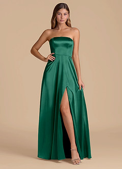 Azazie Wren Bridesmaid Dresses Emerald A-Line Strapless Metallic Satin Dress image1