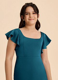 Azazie Demi Junior Vestido de Azul Tinta de Satén Elástico de Corte Sirena con Lazo image6