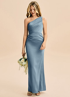 Azazie Akilah Junior Robe Fourreau en Satin extensible Plissée Bleu Poussiéreux image3