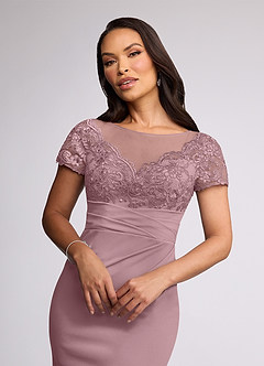Azazie Susan Mère de la mariée Robes Robe Fourreau en Crêpe Élastique Dentelle Rose Poussiéreuse image3