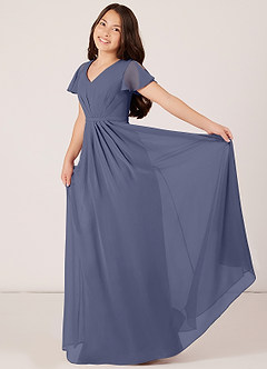 Azazie Peony Junior Robe Trapèze en Mousseline de soie Plissée Bleu Orageux image4