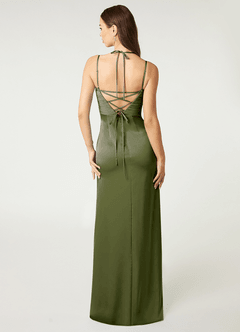 Azazie Desi Bridesmaid Dresses Olive Sheath Halter Corset Stretch Satin Dress image3