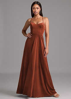 Azazie Mei Bridesmaid Dresses Terracotta A-Line Corset Velvet Dress image3
