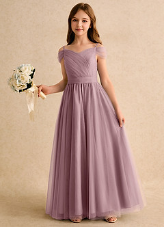 Azazie Yuna Junior Formal Flower Girl Dresses Dusty Rose A-Line Off the Shoulder Tulle Dress image5