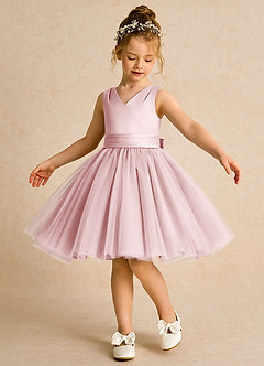 Azazie Tadpole Robe Demoiselle D'honneur Fillette Robe Trapèze en Mat Satiné Plissée Rose Poudré image1