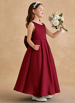 Azazie Honey Bear Flower Girl Dresses Burgundy A-Line Pleated Matte Satin Dress image2