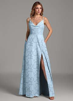 Azazie Sarella At-home Try On Dresses Sky Blue A-Line Pleated Floral Burnout Dress image3
