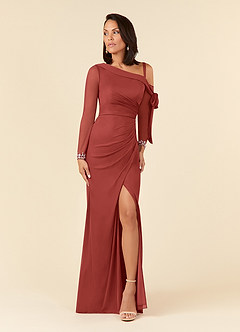Azazie Marna Mother of the Bride Dresses Terracotta Sheath One Shoulder Mesh Dress image1