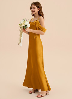Azazie Bellalina Junior Butterscotch Mermaid Pleated Stretch Satin Dress image3