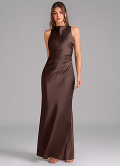 Azazie Evadne Bridesmaid Dresses Ganache Sheath Pleated Stretch Satin Dress image3