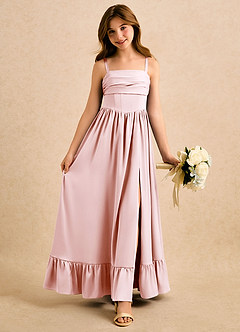 Azazie Maisie Girls Formal Robe Demoiselle D'honneur Fillette Robe Trapèze en Satin extensible Rayé Rose Pâle image1