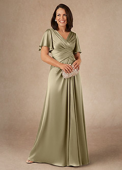 Azazie Emmeline Mother of the Bride Dresses Moss Green A-Line Pleated Stretch Satin Dress image1