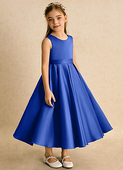 Azazie Junebuj Flower Girl Dresses Royal Blue Ball-Gown Pleated Matte Satin Dress image5