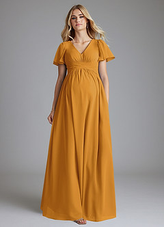 Azazie Verna vestidos de dama de honor de maternidad Vestido de Corte en A Cuello en V fruncido Hasta el suelo Gasa image4