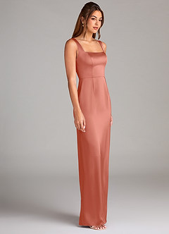 Azazie Flori Bridesmaid Dresses Salmon Pink Sheath Side Slit Stretch Satin Dress image3
