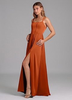 Azazie Rosaline Vestidos de damas de honor Vestido de Naranja Quemada de Satén Elástico de Corte en A con Corte Lateral image5