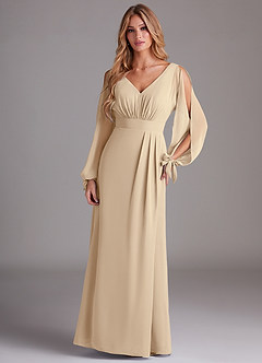 Azazie Matilda Bridesmaid Dresses Champagne A-Line Long Sleeve Chiffon Dress image3