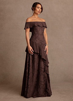 Azazie Marina Mother of the Bride Dresses Ganache A-Line Off the Shoulder Floral Burnout Dress image3
