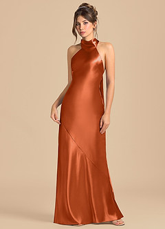 Azazie Velli Robes de demoiselle d'honneur Robe Fourreau en Satiné métallisé Col Haut Orange Brûlée image3