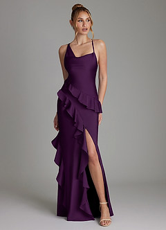 Azazie Jayda Bridesmaid Dresses Grape A-Line Ruched Stretch Satin Dress image1