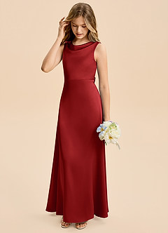 Azazie Kiki Junior Pomegranate A-Line Bow Stretch Satin Dress image4