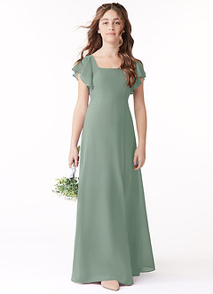 Azazie Bondi Junior Silver Sage A-Line Bow Chiffon Dress image2