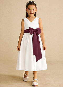 Azazie Darling Flower Girl Dresses Ivory Cabernet A-Line Bow Cotton Dress image4
