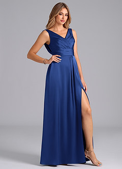 Azazie Karina Bridesmaid Dresses Royal Blue A-Line Pleated Stretch Satin Dress image5