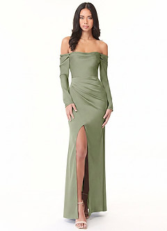 Azazie Hallie Bridesmaid Dresses Pistachio Mermaid Off-The-Shoulder Long Sleeve Stretch Satin Convertible Dress image4