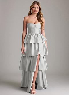 Azazie Faye Vestidos de damas de honor Vestido de Plata de Satén Elástico de Corte en A con Volante image1